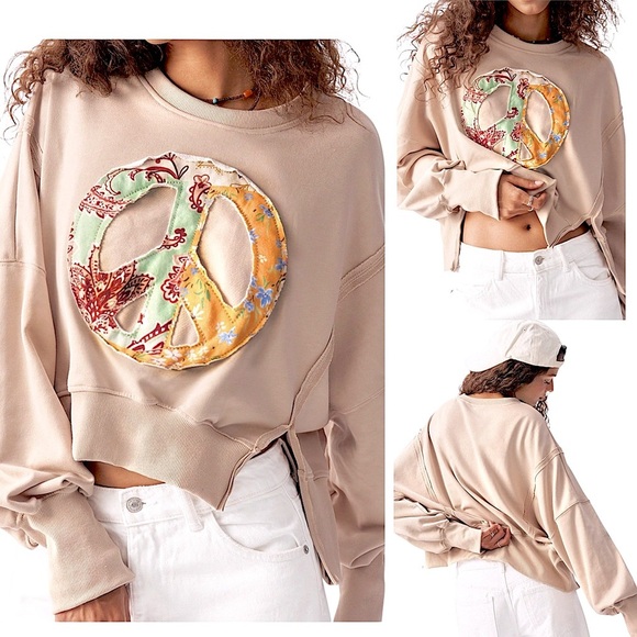 Sweatshirt Floral Patchwork Peace Sign Applique Oversized Sz XL 12 New with Tags - Picture 1 of 16